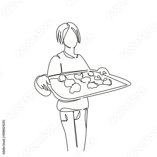 One continuous single drawing line art flat doodle girl woman with tray of cookies, oven, stove, sweetness, holiday, pleasant smell. Isolated image hand draw contour on a white background, hand drawn,