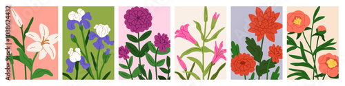 Floral cards set. Flower blossoms, natural botanical backgrounds with lily, iris, peony, dahlia, garden blooms. Beautiful spring and summer posters, postcards collection. Flat vector illustration