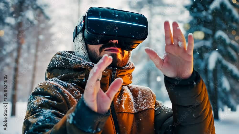 Man wearing vr headset experiencing virtual reality outdoors in winter Man wearing vr headset experiencing virtual reality outdoors in winter