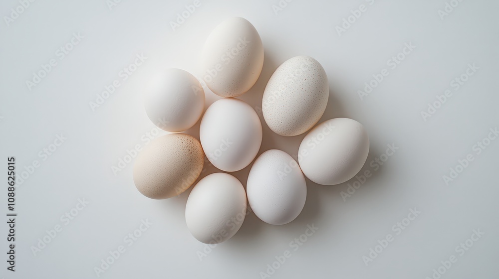 On a pristine white background, a group of chicken eggs rests, their smooth shells reflecting light softly. On a pristine white background, a group of chicken eggs rests, their smooth shells reflecting light softly.