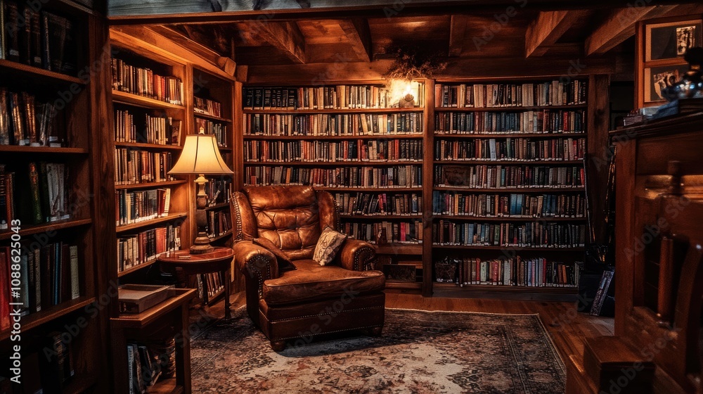 Study space with cozy library vibes, packed bookshelves, cozy armchair, vintage reading lamps, and dimmed lighting for a warm atmosphere Study space with cozy library vibes, packed bookshelves, cozy armchair, vintage reading lamps, and dimmed lighting for a warm atmosphere