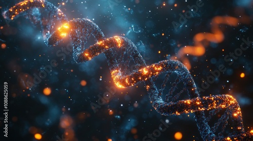 A glowing, abstract, helix-shaped DNA strand with orange and blue particles against a black background.