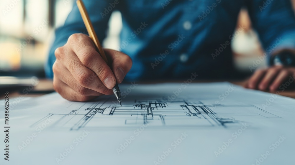 A person sketching architectural plans on paper, using a pencil, with a focus on lines and design details. A person sketching architectural plans on paper, using a pencil, with a focus on lines and design details.