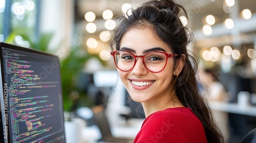 Woman coding conceptA smiling woman with glasses sits in front of a computer displaying code, surrounded by a bright, modern workspace. photo