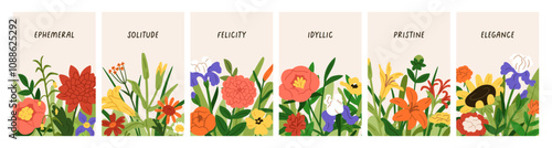 Flowers, card designs set. Floral botanical postcards, nature backgrounds wit...