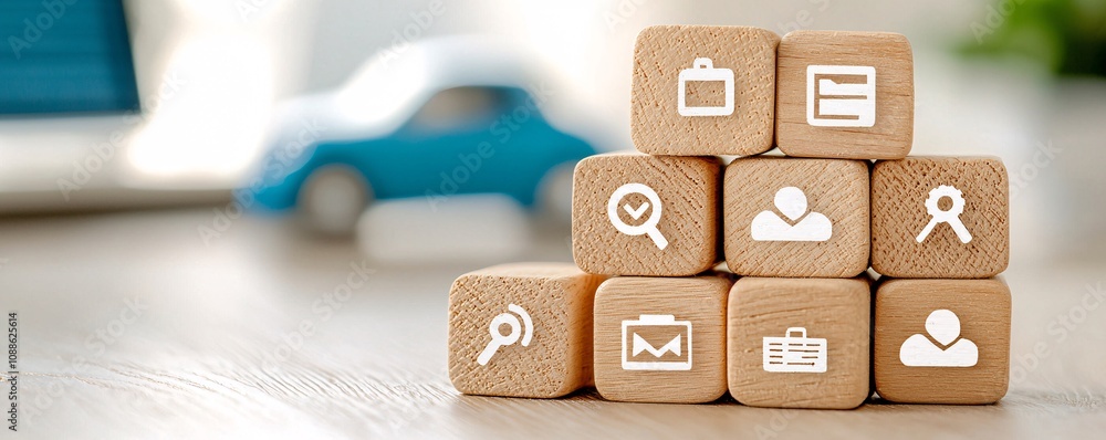 SEO wooden block concept. SEO wooden block concept. The image features wooden blocks with icons representing various professional themes, arranged in a pyramid shape, alongside a small blue car.