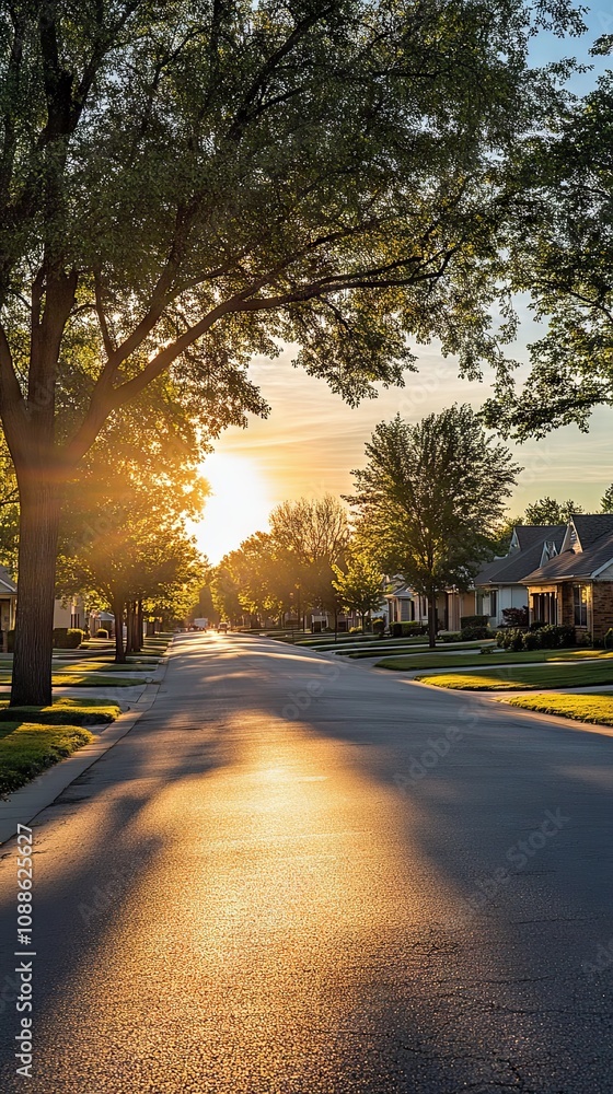 Fototapeta premium Golden Hour Sunset on a Suburban Street