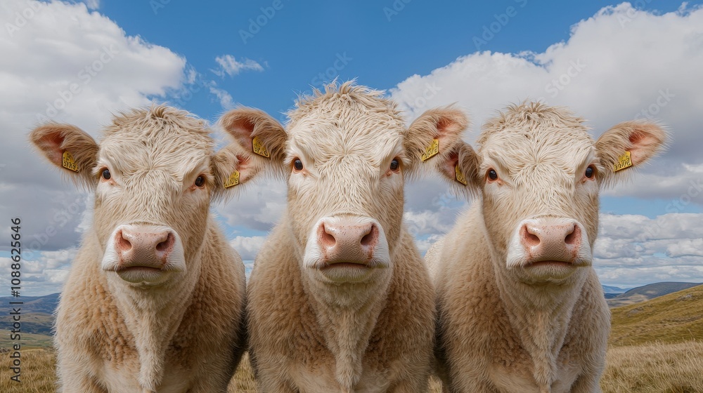 Three Curious Cows Farm Animals Rural Landscape Sunny Day Three Curious Cows Farm Animals Rural Landscape Sunny Day