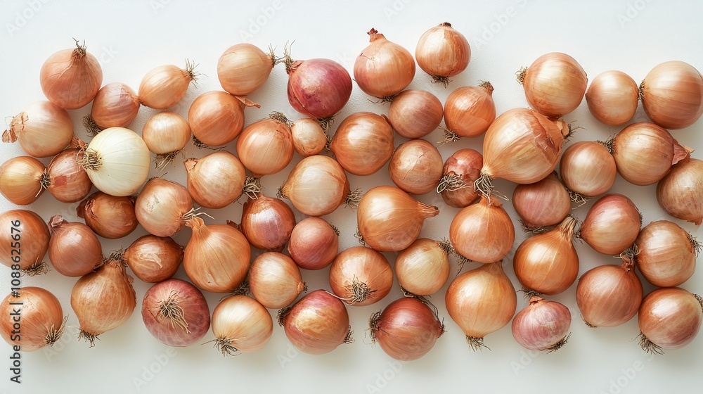 Onions, with their rich golden skins, are placed on a smooth white background Onions, with their rich golden skins, are placed on a smooth white background