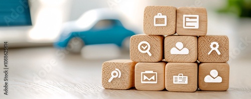Obraz na płótnie SEO wooden block concept. SEO wooden block concept. The image features wooden blocks with icons representing various professional themes, arranged in a pyramid shape, alongside a small blue car. w salonie