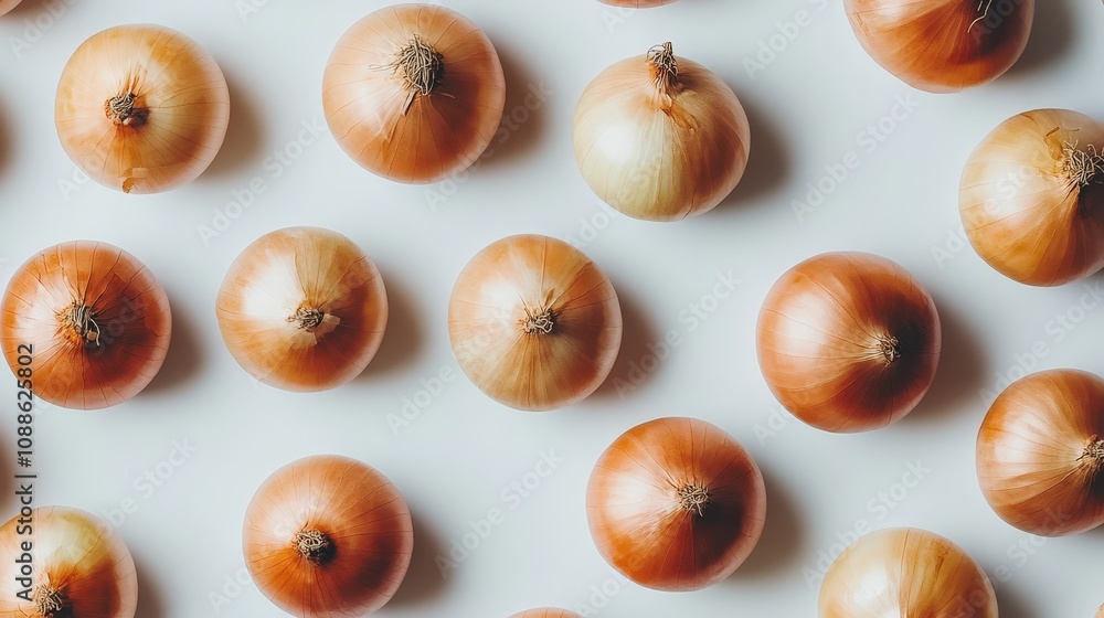 Onions, with their rounded shapes and natural golden-brown skins, are placed on a clean white backdrop. Onions, with their rounded shapes and natural golden-brown skins, are placed on a clean white backdrop.