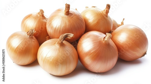 Onions, with their smooth golden-brown skins, are placed against a clean white background.