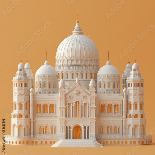 Exquisite Architectural Masterpiece: Magnificent Domed Palace against a Warm Ochre Background