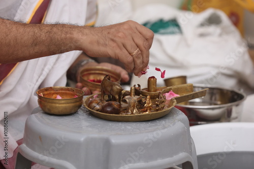 Performing Pooja for Hindu god siva linga with milk, honey and coconut water	
 photo