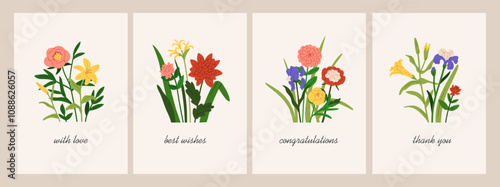 Floral greeting card designs set. Garden flowers, botanical postcards. Delicate gentle blossoms and leaves. Spring and summer blooms and holiday messages, typography. Flat vector illustration