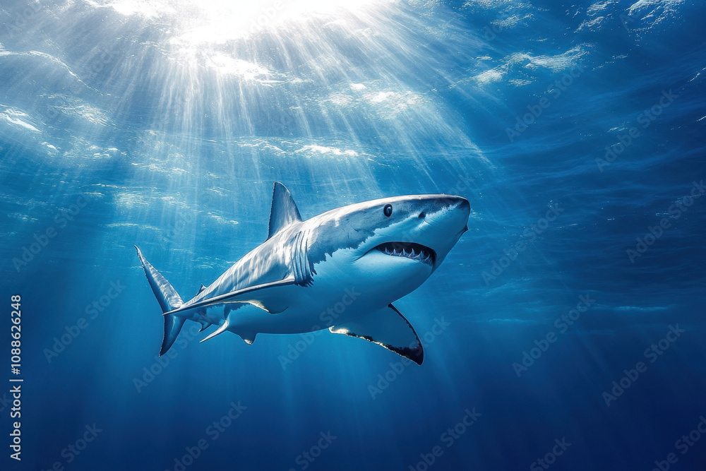 A majestic great white shark swims gracefully in clear blue ocean waters, illuminated by beams of sunlight filtering through from above. A majestic great white shark swims gracefully in clear blue ocean waters, illuminated by beams of sunlight filtering through from above.