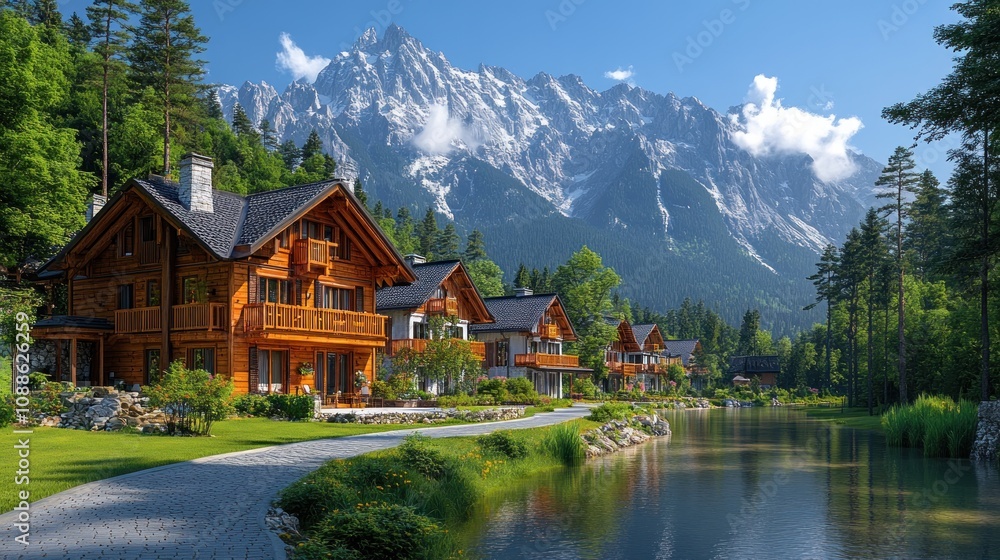 Scenic mountain view with wooden houses by a tranquil lake. Scenic mountain view with wooden houses by a tranquil lake.