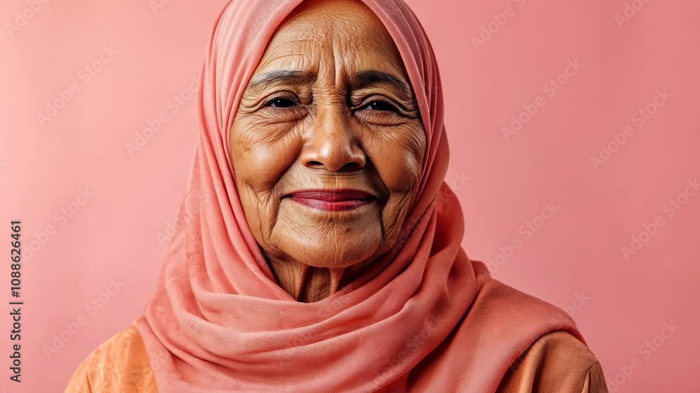 Senior muslim woman smiling on pink background Senior muslim woman smiling on pink background