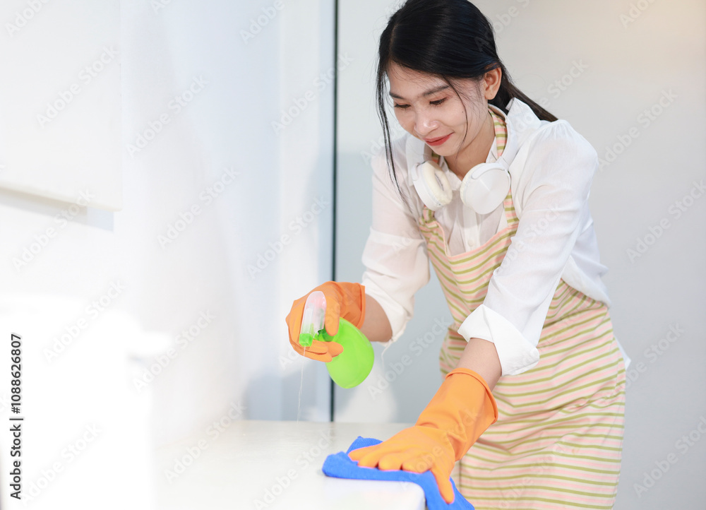 Professional cleaning woman, woman cleaning hands wearing gloves, scrubbing the table, cleaning the house Professional cleaning woman, woman cleaning hands wearing gloves, scrubbing the table, cleaning the house