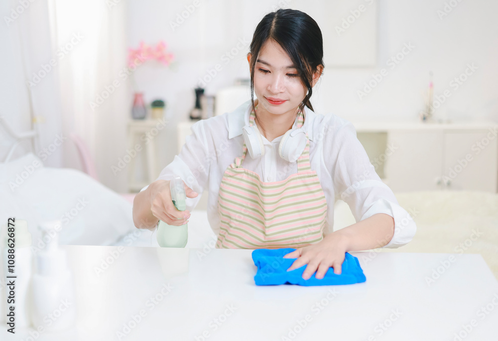 Woman cleaning and wiping table with microfiber cloth in living room. Woman doing housework. Home care concept. Woman cleaning and wiping table with microfiber cloth in living room. Woman doing housework. Home care concept.