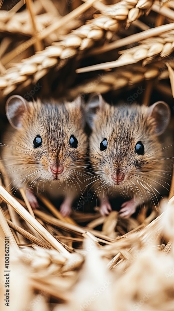 Two Cute Mice Peeking Out of a Nest Two Cute Mice Peeking Out of a Nest