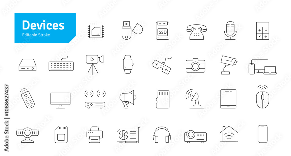 Devices Line Icons Set. Mobile, Laptop, SSD, HDD, Graphic Card, Smart Watch, Camera, Projector, Telephone, Router, Printer, CCTV Icons Editable Stroke Vector Illustration Devices Line Icons Set. Mobile, Laptop, SSD, HDD, Graphic Card, Smart Watch, Camera, Projector, Telephone, Router, Printer, CCTV Icons Editable Stroke Vector Illustration