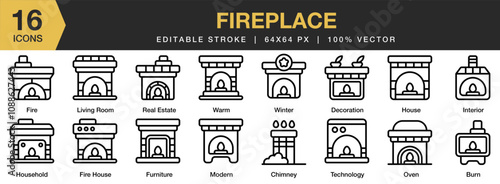 Fireplace icon set. Editable Stroke Icon Collection. Includes Chimney, Fireplace, Property, Home, House, and More. Outline icons vector collection.