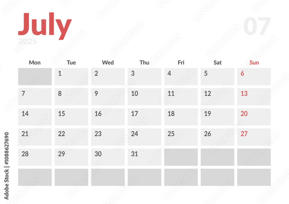 Monthly page Calendar Planner Template of July 2025. Vector layout of calendar with week start Monday for Scheduling. Page for size A4 or 21x29.7 cm Monthly page Calendar Planner Template of July 2025. Vector layout of calendar with week start Monday for Scheduling. Page for size A4 or 21x29.7 cm