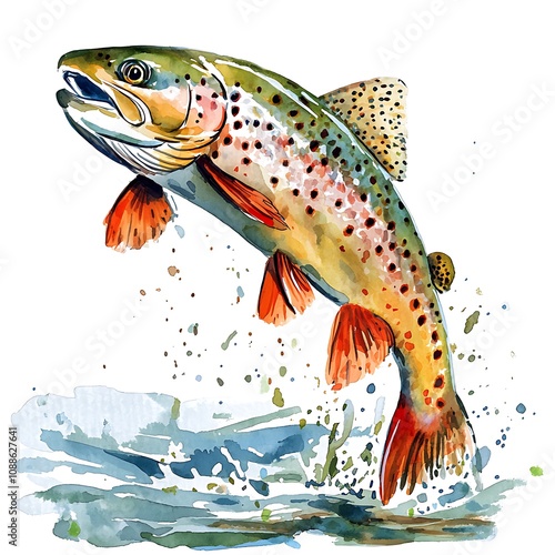 Watercolor Painting of a Brown Trout Leaping from Water. A vibrant, artistic depiction of a trout in mid-leap, showcasing its colorful scales and dynamic movement.