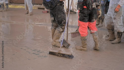 Workers wearing boots and protective gear clean up muddy water with large brushes after a flood in Valencia