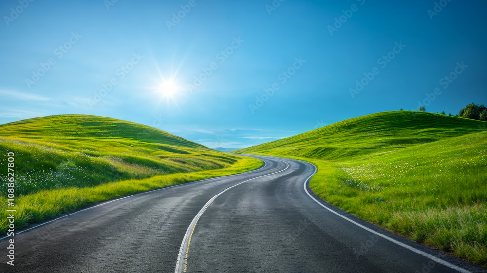 Fototapeta premium Driving on the road between grassy hills in idyllic weather