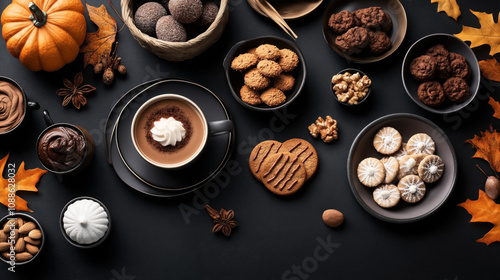 Assortment of autumn treats including hot chocolate, cookies, nuts, and decorative pumpkins on a dark table with fall leaves