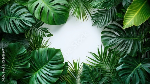 Tropical leaves frame a white background with copy space.