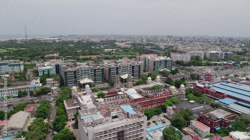 aerial reveal shot of government hospital, Southern Railway Headquarters, and mgr central railway station in chennai tamil nadu, daytime , 4k, drone shot aerial reveal shot of government hospital, Southern Railway Headquarters, and mgr central railway station in chennai tamil nadu, daytime , 4k, drone shot