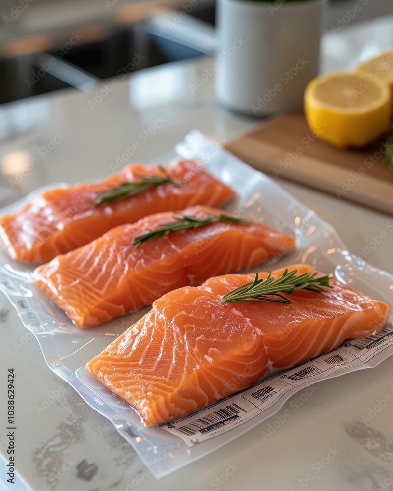 Fresh salmon fillets on a countertop, garnished with herbs, alongside sliced lemons, highlighting a healthy and appetizing culinary choice. Fresh salmon fillets on a countertop, garnished with herbs, alongside sliced lemons, highlighting a healthy and appetizing culinary choice.