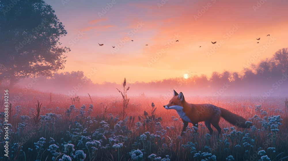 A fox exploring an open meadow at dawn A fox exploring an open meadow at dawn