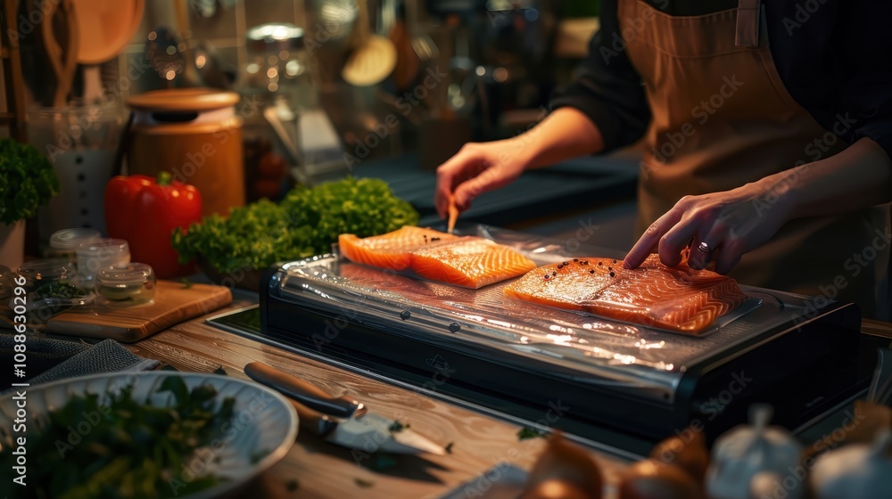 A person preparing salmon fillets in a cozy kitchen, surrounded by fresh ingredients, emphasizing culinary skills and a warm atmosphere. A person preparing salmon fillets in a cozy kitchen, surrounded by fresh ingredients, emphasizing culinary skills and a warm atmosphere.