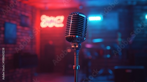 A vintage microphone on a stand in a dimly lit room with red and blue lighting.