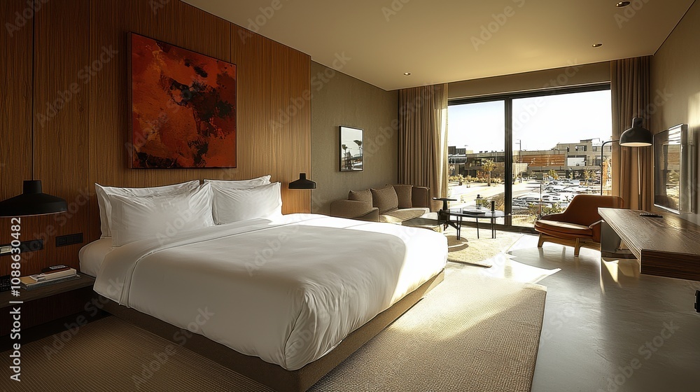Modern hotel room with a large bed, stylish furniture, and scenic window view during daytime Modern hotel room with a large bed, stylish furniture, and scenic window view during daytime