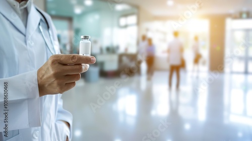 Healthcare professional holding vaccine vial in modern clinic, symbolizing public health efforts and vaccine coverage. 