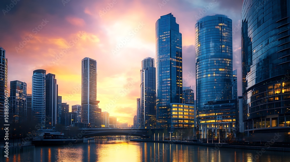 Obraz premium Cityscape Sunset Skyscrapers River