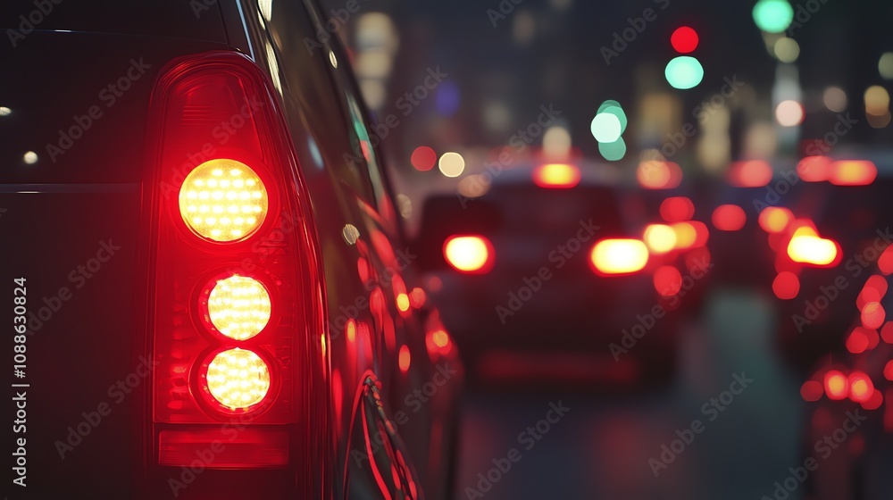 Cars are stopped in traffic in the city at dusk. Cars are stopped in traffic in the city at dusk.
