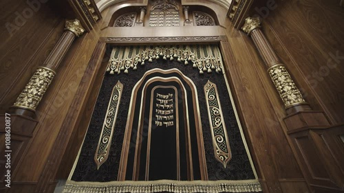 Ornate Aron Kodesh (Torah Ark) in Synagogue with Detailed Carvings and Hebrew Inscriptions