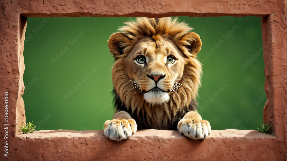Portrait of a lion looking out of a hole in the wall Portrait of a lion looking out of a hole in the wall
