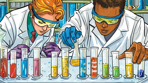 Illustration of a group of scientists working in a laboratory wearing lab coats and safety glasses