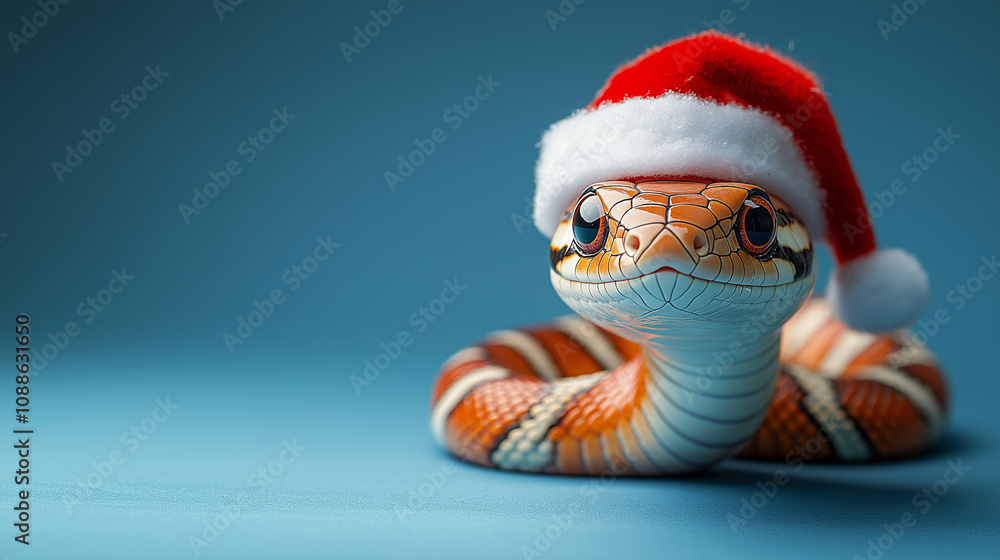 Cute funny snake in red Santa's hat on the plain blue background Cute funny snake in red Santa's hat on the plain blue background