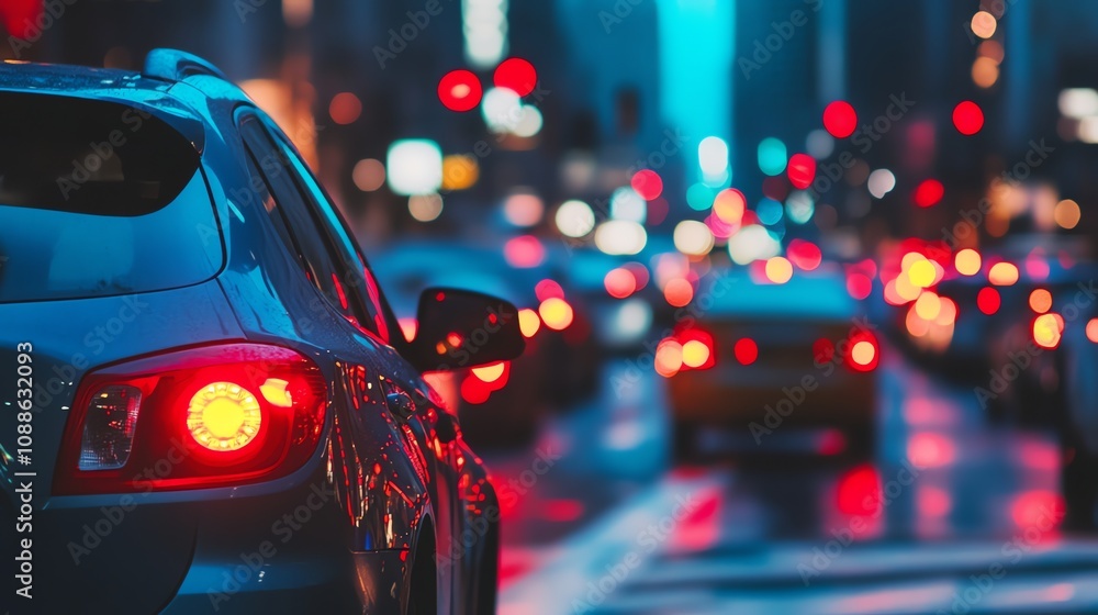 Cars are stopped in traffic in the city at dusk. Cars are stopped in traffic in the city at dusk.