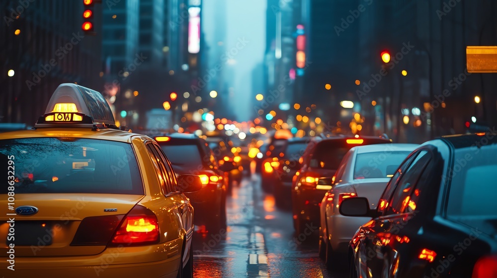 A yellow taxi cab is in a line of cars stopped in traffic at dusk. A yellow taxi cab is in a line of cars stopped in traffic at dusk.