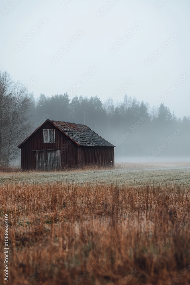 Misty Finnish Field with Rustic Barn in a Foggy Landscape Misty Finnish Field with Rustic Barn in a Foggy Landscape
