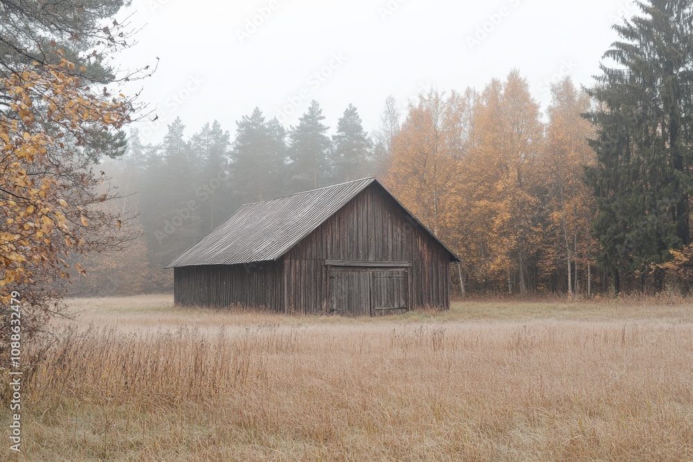 Misty Finnish Field with Rustic Barn in a Foggy Landscape Misty Finnish Field with Rustic Barn in a Foggy Landscape